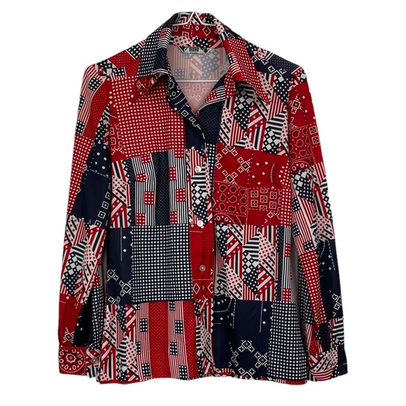 Vintage Tops - VINTAGE Career Girl Dallas Red White & Black Patchwork Long Sleeve Western Shirt